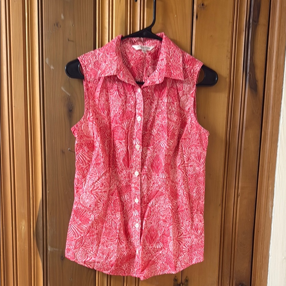 Brooks Brothers Pink and White Sleeveless Notched Collar Top